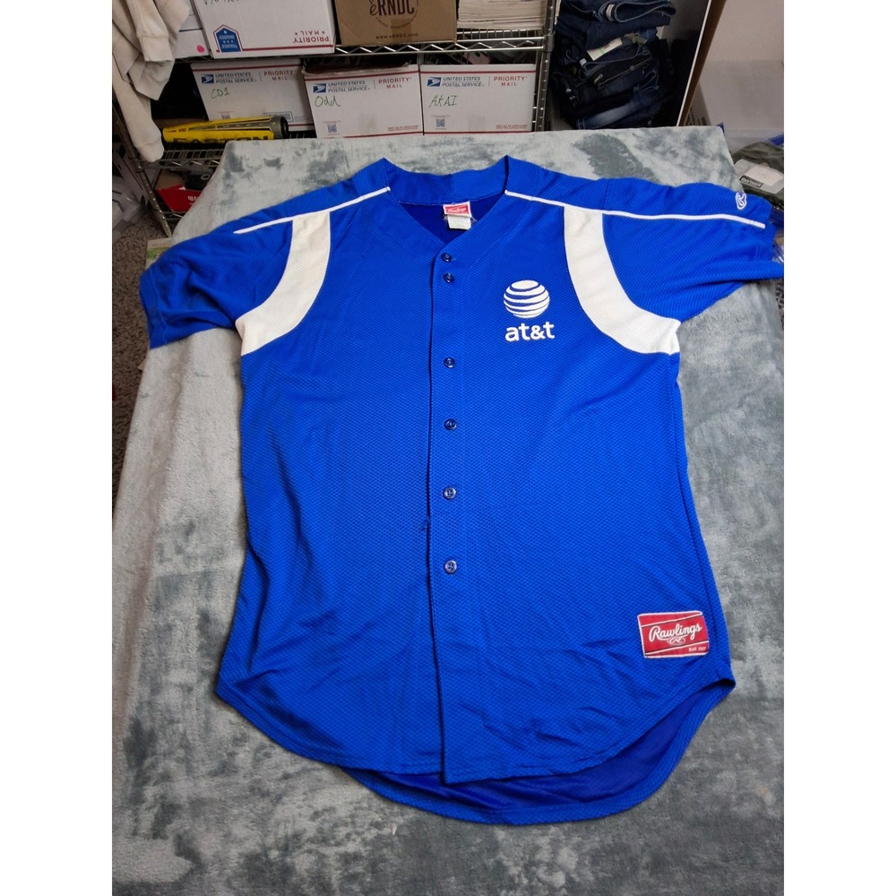 Rawlings Mens Blue AT&T‎ Baseball Jersey Button Front Mesh Shirt Large RJSC28
